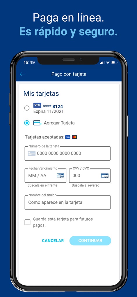 Mi Tigo - Colombia - Esta interfaz permite a los usuarios añadir nuevas tarjetas de débito o crédito para pagos, y muestra el detalle de las tarjetas ya guardadas con su tipo y número parcial.