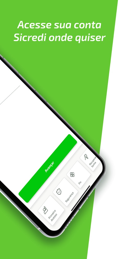 Sicredi para smartphone - The app features intuitive quick access buttons for critical functions like 'First Access' and 'Security', alongside a clear 'Continue' button for streamlined user flow.