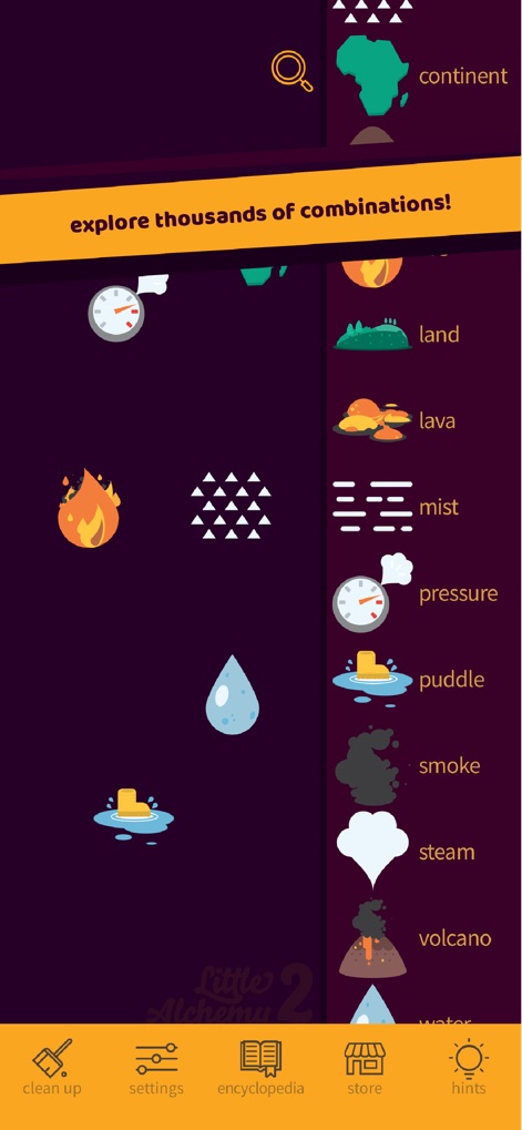 Little Alchemy 2 - El "Taller de Alquimia" expone un espacio de juego activo con elementos como el "fuego" y la "niebla" disponibles para combinar, fomentando la experimentación. El banner "¡explora miles de combinaciones!" subraya la riqueza del contenido, mientras que la barra de navegación inferior, con opciones como la "tienda" y la "enciclopedia", asegura una gestión completa.