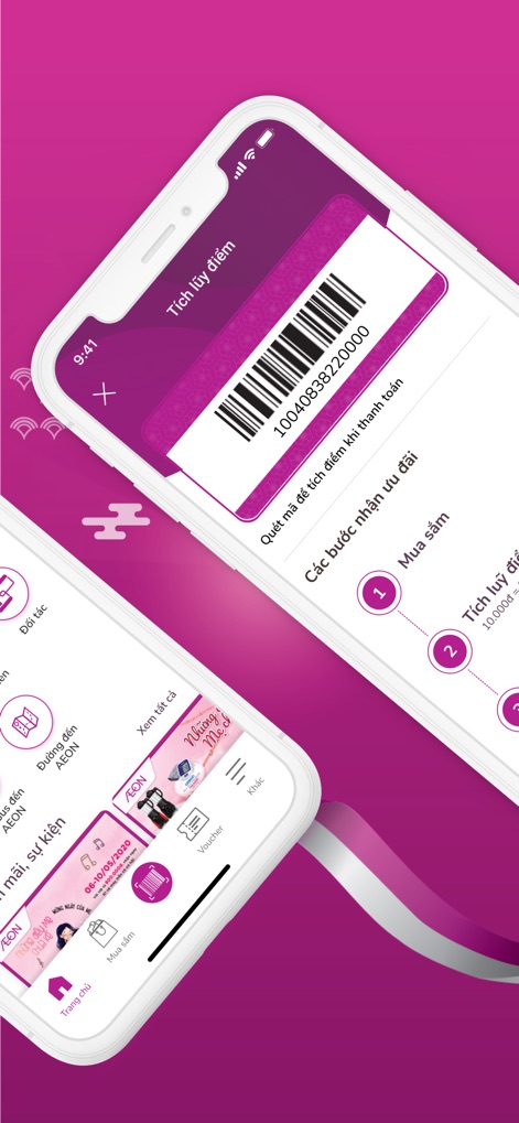 AEON Vietnam - 이 화면은 결제 시 제시할 수 있는 바코드를 통해 포인트를 쉽게 적립하는 과정을 보여주며, 적립된 포인트 내역과 적립 단계를 안내합니다.