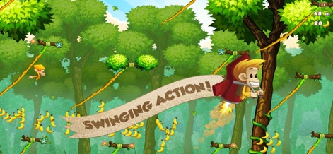 Benji Bananas: Run, Jump, Win - Witness the thrilling physics-based gameplay as Benji performs aerial acrobatics with a jetpack boost and collects countless bananas through lush green environments.