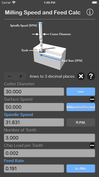 Milling Speed and Feed Calc Screenshot