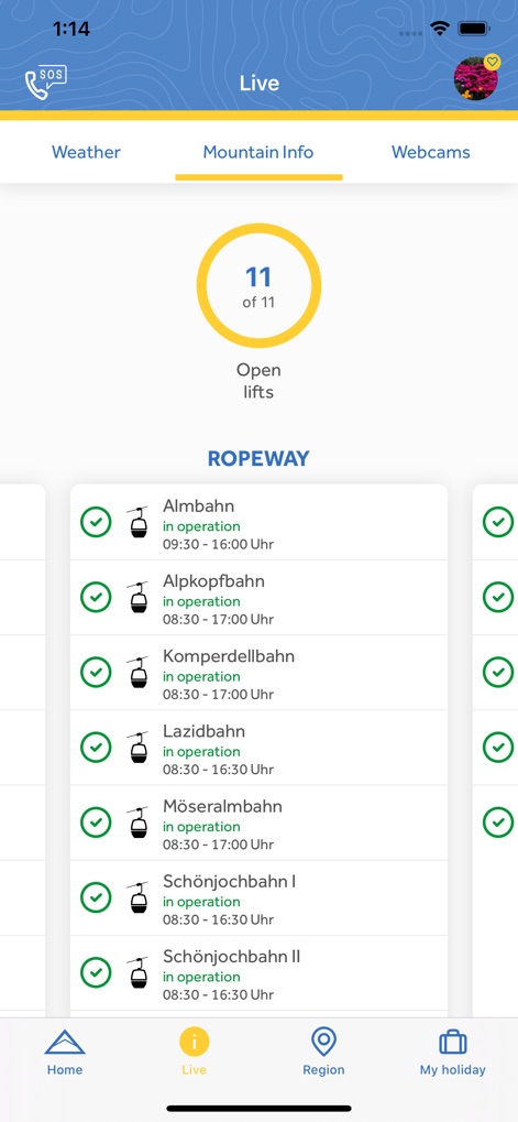 Serfaus-Fiss-Ladis - 「リフト運行状況」では、ユーザーは現在稼働中のリフト数を一目で確認でき、各リフトの「営業時間」を詳細に把握することで、効率的な山での活動計画を立てられます。