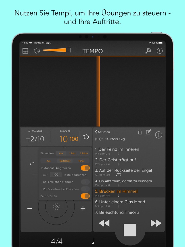 Tempo Metronom mit Setlisten im App Store