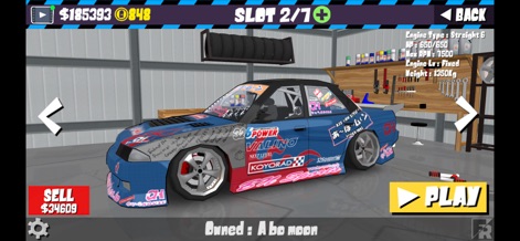 FR Legends - Explore the extensive car customization options in the garage, easily navigating the "Sell" and "Play" buttons to manage vehicles and start races.