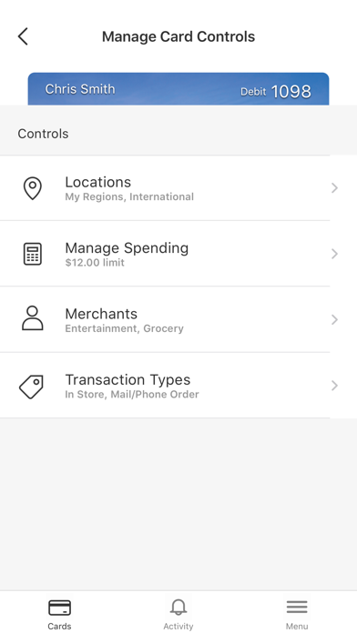 Reliance Bank MN Card Manager Screenshot