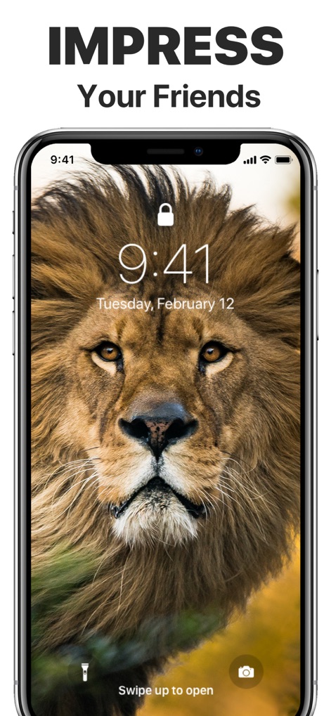 App Icons – Widget & Wallpaper - Impress friends by showcasing a personalized device with high-definition lock screen animal portraits, such as a majestic lion, and clear date/time information.