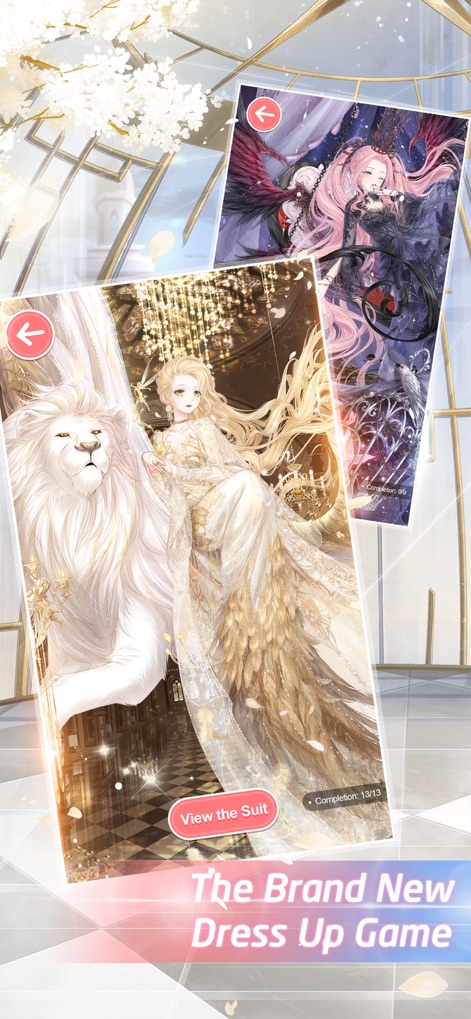 Love Nikki-Dress UP Queen - This app showcases the extensive fashion collection, highlighting the ornate golden feathered suit and the dramatic dark winged gown.