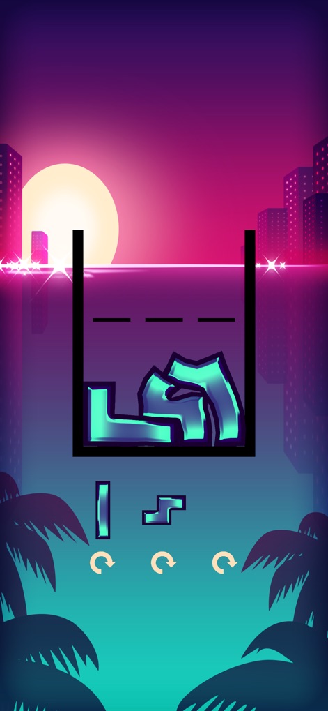 Jelly Fill - Discover the visually striking retro-futuristic cityscape background and the distinct neon-glowing shapes available for players to unlock.