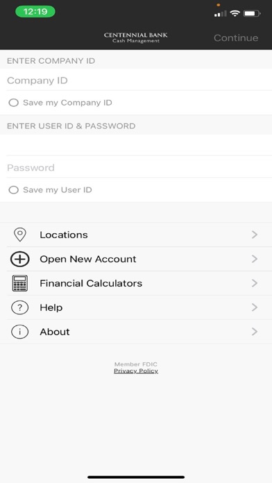 Centennial Bank Cash Mgmt Screenshot