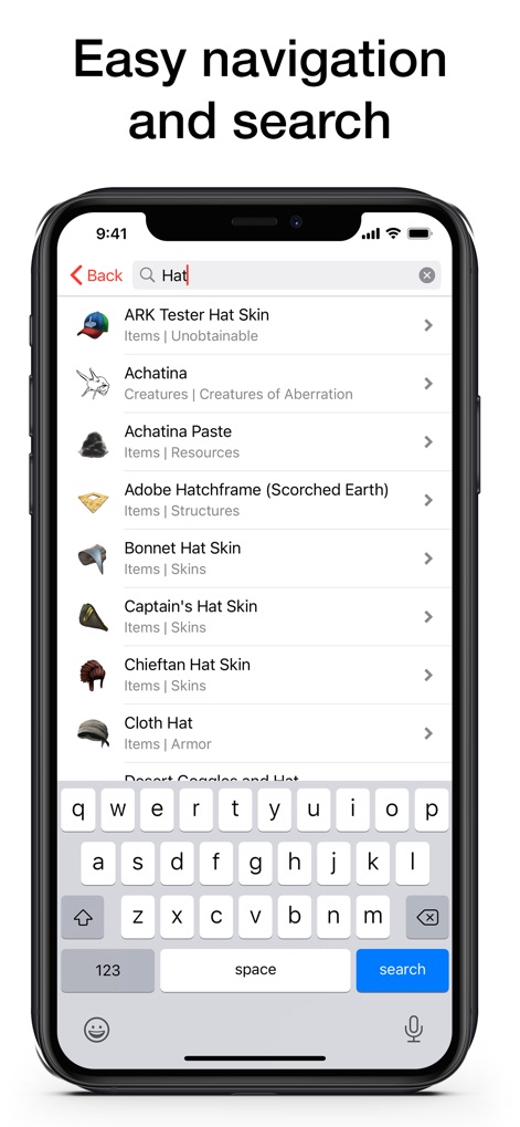 PW for ARK: Survival Evolved - 사용자는 검색창을 활용하여 'Hat' 관련 아이템을 빠르게 찾고, 다양한 검색 결과를 즉시 확인할 수 있습니다.