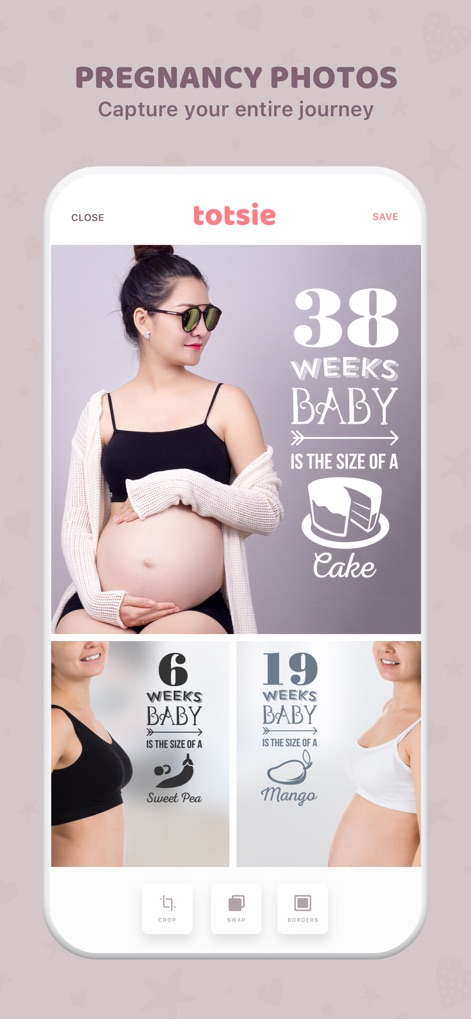 Totsie – Baby Photo Editor - The app offers creative pregnancy milestone overlays, featuring unique 'size of a fruit' comparisons to visually track development.