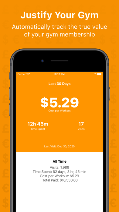 Cost per Workout - Auto Track Screenshot
