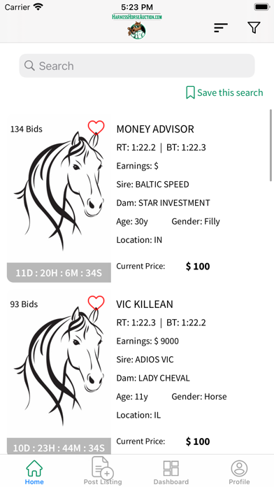 Harness Horse Auction Screenshot