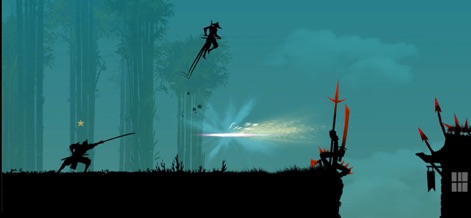 Ninja Arashi 2 - Le joueur est témoin d'un combat épique où Arashi utilise son contrôle supérieur pour enchaîner les attaques aériennes contre des ennemis redoutables, le tout sublimé par le style graphique en silhouette.