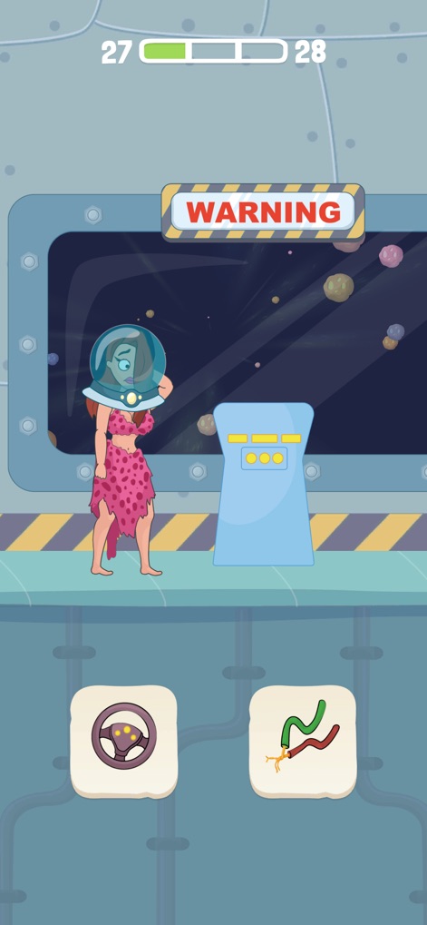 Comics Bob - The app challenges players with out-of-this-world scenarios, depicting the cave lady in a space helmet confronting a control panel with a prominent warning sign.