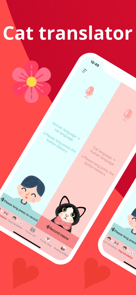 Dog&Cat  translator pet co - La aplicación ofrece un diseño claro para el traductor de gatos, mostrando las opciones de “Human language -> cat language” y “Cat language -> human language” con ilustraciones de un niño y un gato.