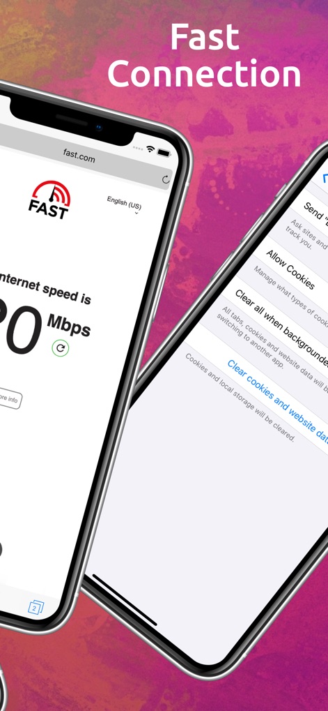 UPX Private Browser - Observe the app's impressive speed test results, achieving 220 Mbps, and its comprehensive options to manage and clear cookies and website data.