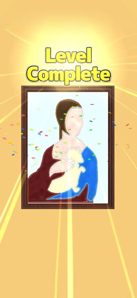 Paint Dropper - 「Level Complete」の表示と舞い散る紙吹雪のエフェクトが、パズルを解き終えたユーザーの達成感を祝福します。