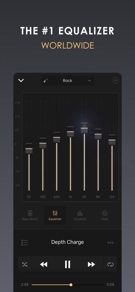 Equalizer+ HD music player - Users can sculpt their sound with a responsive 7-band equalizer, utilizing precise frequency sliders and genre-specific presets like 'Rock' for optimized audio.