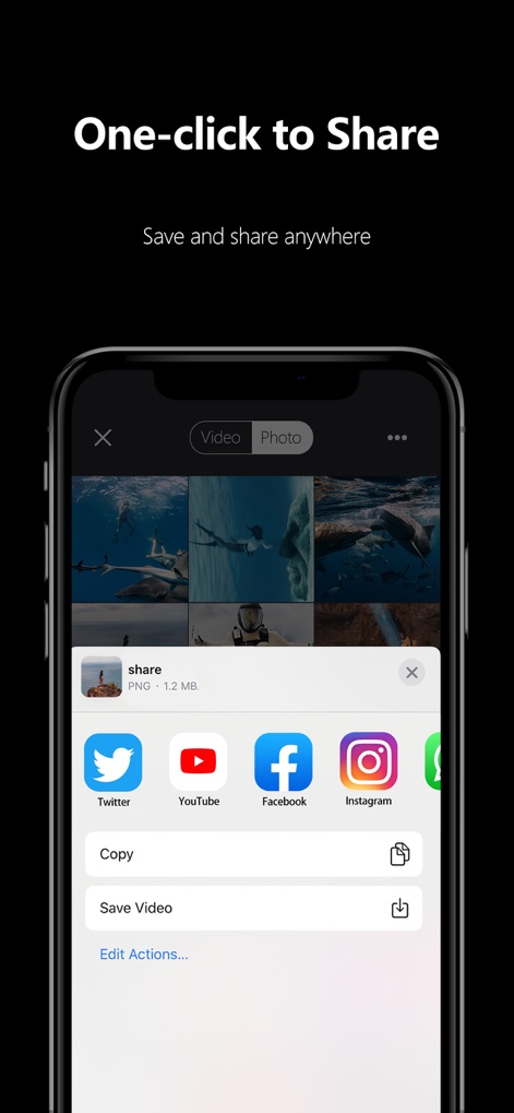 AKASO GO - The tool enables seamless content distribution through direct social media icons for platforms like Instagram and includes a convenient "Save Video" option.