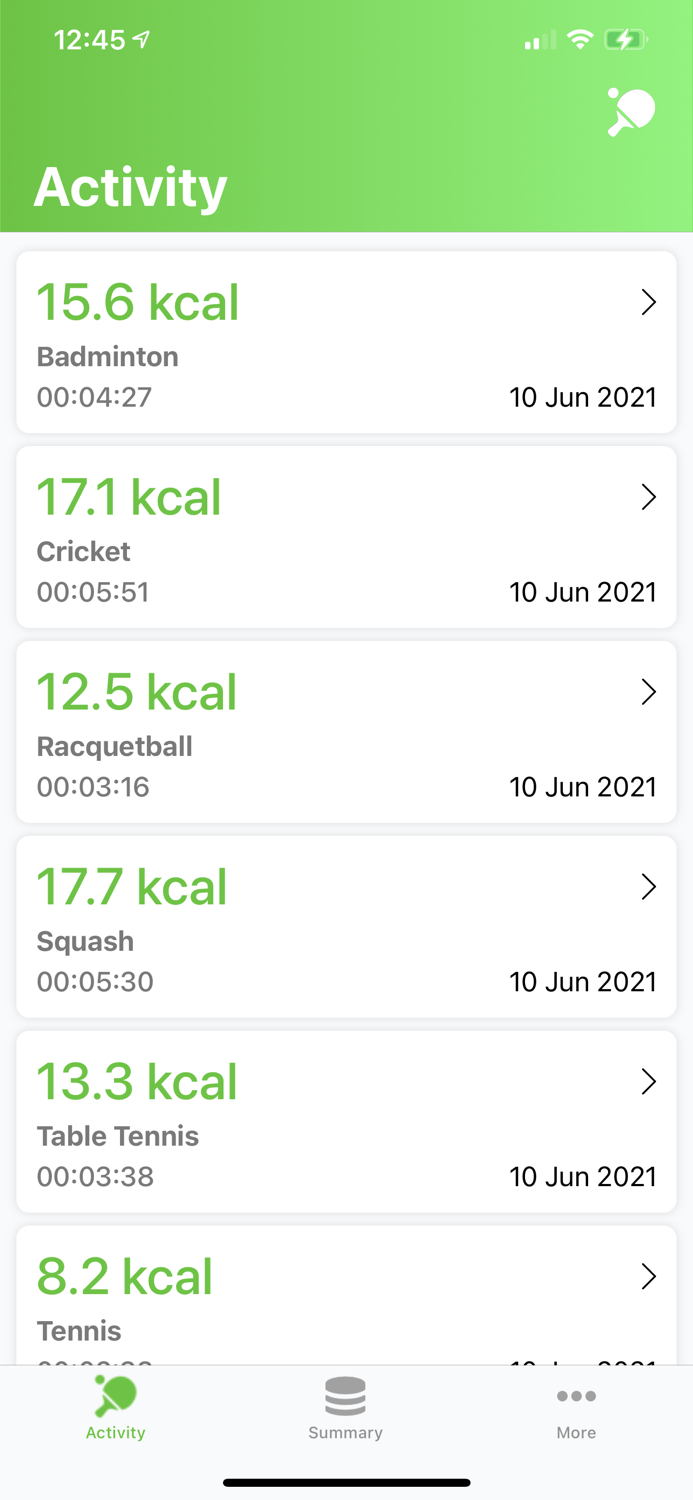 Racket Sports Track Calories