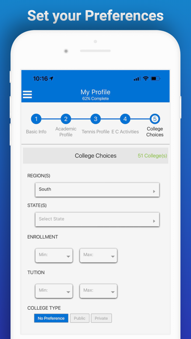 College Tennis App Screenshot