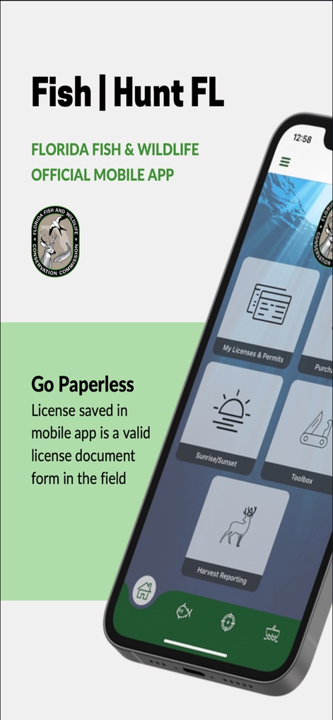 Fish | Hunt FL - See how the app streamlines license management with its 'Go Paperless' feature and provides quick access to essential tools directly from its intuitive home screen.