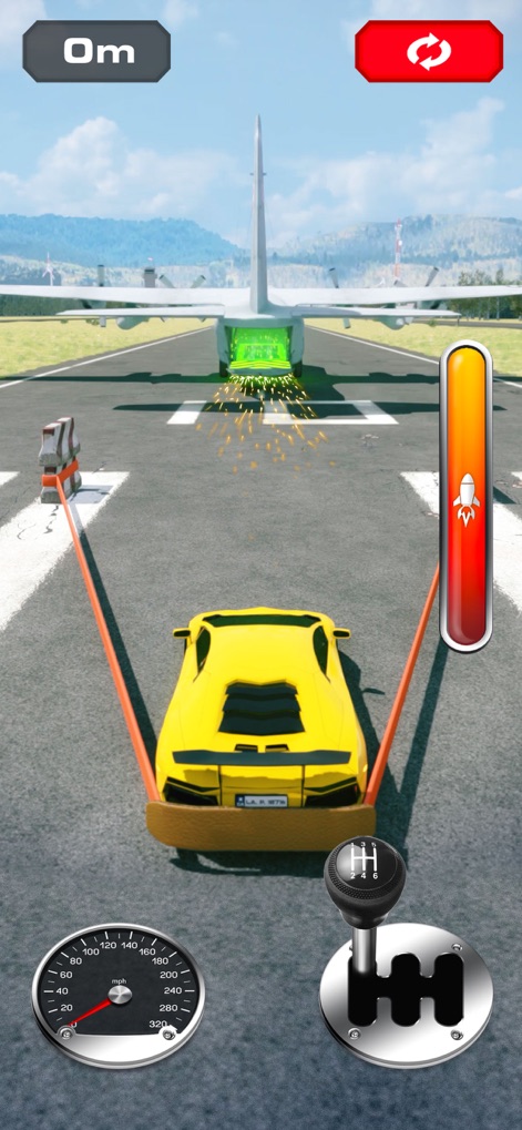 Jump into the Plane - See how the app sets up a daring stunt with a yellow sports car poised for launch and an airplane's open cargo bay ready for impact.
