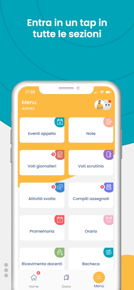 didUP - Famiglia - The menu presents a clear, grid-based layout for quick access to various school management sections like teacher meetings and assigned homework.
