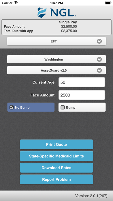 NGL Insurance Rate Calculator Screenshot