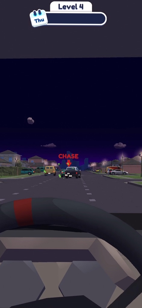 Traffic Cop 3D - Experience the thrilling night scene from a first-person perspective, showcasing the 'CHASE' prompt and dynamic streetlights during a high-speed pursuit.