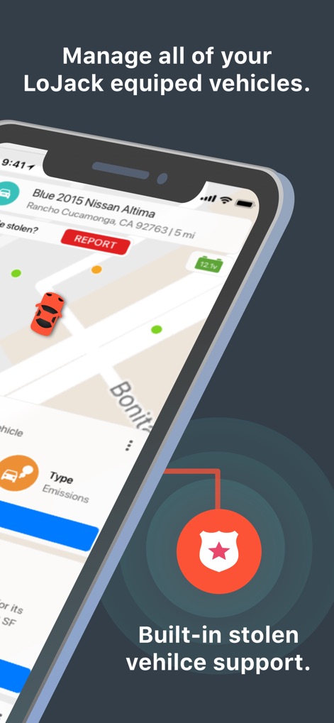 LoJack - Explore the intuitive interface that allows users to manage multiple LoJack equipped vehicles and quickly report a stolen vehicle with the prominent 'REPORT' button.