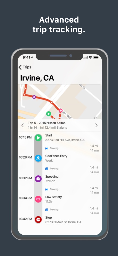 LoJack - Witness the app's advanced trip tracking capabilities, showcasing a detailed timeline of events including GeoFence entries and recorded speeding incidents for comprehensive journey analysis.