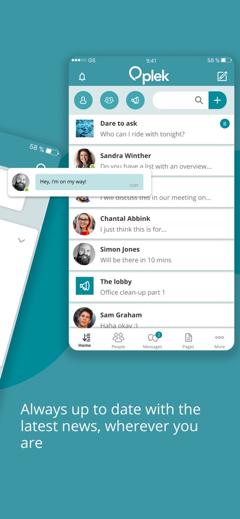 Plek - This tool centralizes internal communications, enabling users to view ongoing conversations and check for new notifications with the prominent bell icon at the top.