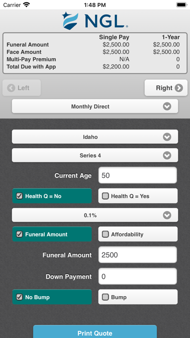 NGL Insurance Rate Calculator Screenshot