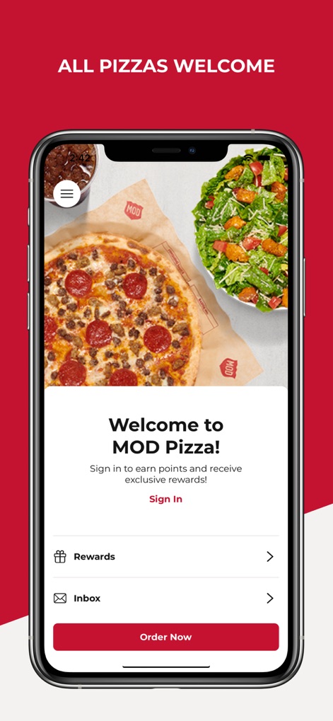 MOD Pizza - Explore the app's user-friendly welcome interface, featuring the prominent "Welcome to MOD Pizza!" message and an intuitive "Order Now" button for immediate action.