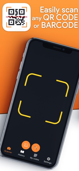 orange mobile phone or smartphone with barcode, qr code scanning