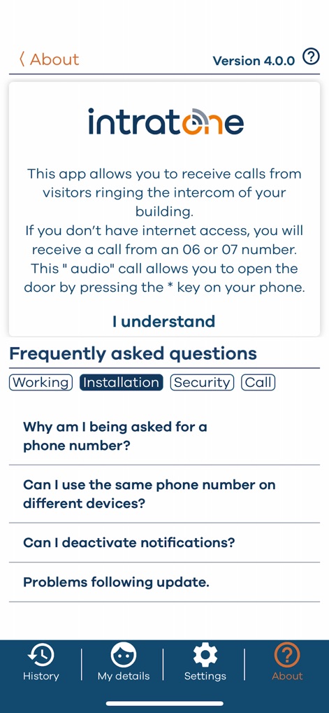 My Intratone - This section provides crucial app information, including its core functionality description and a categorized list of frequently asked questions.
