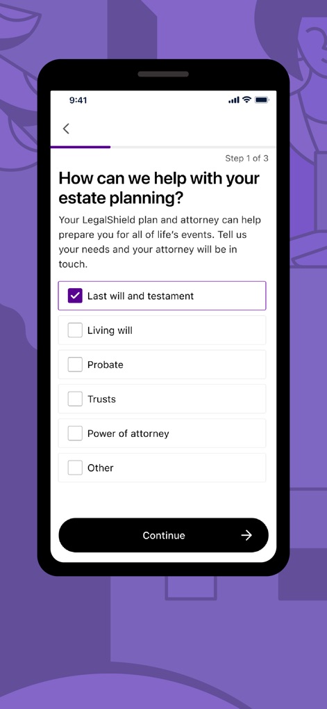 LegalShield, Law Firms On Call - L'application guide les utilisateurs à travers la planification successorale avec des options détaillées comme la sélection de "Last will and testament" et un indicateur de progression clair "Step 1 of 3", assurant un processus structuré et compréhensible.