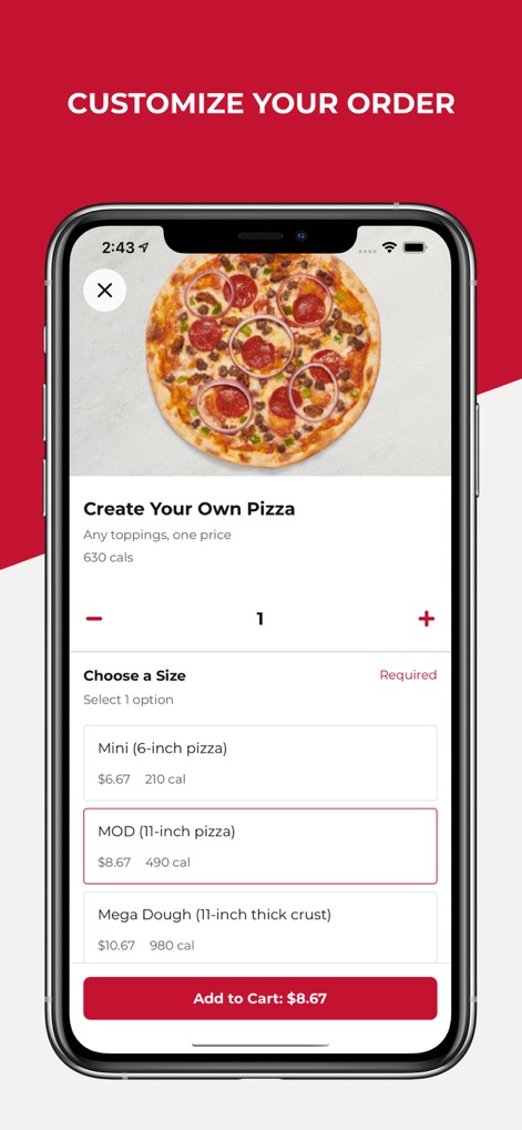 MOD Pizza - The app empowers personalization, showcasing the "Create Your Own Pizza" section and offering various "Choose a Size" options to tailor each order.