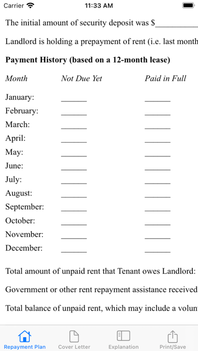 Rent Repayment Plan Screenshot