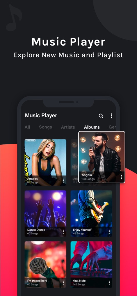 PLAYit - Music video palyer - Diese Galerieansicht ermöglicht Nutzern das bequeme Durchsuchen ihrer Alben mit Coverbildern und einer Suchfunktion zur schnellen Navigation.