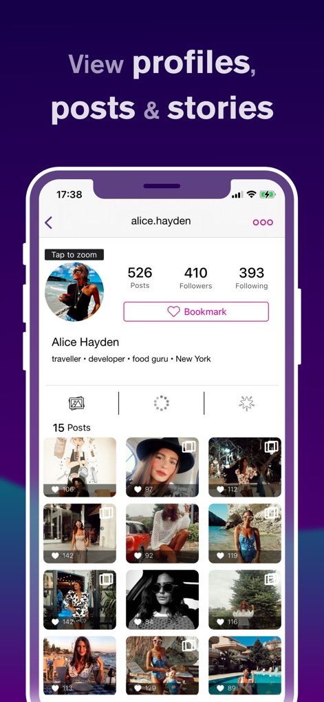 Profile Reports Tracker - Os usuários podem explorar "perfis públicos" em detalhes, visualizando o "número total de posts" e a grade de conteúdo de imagem.
