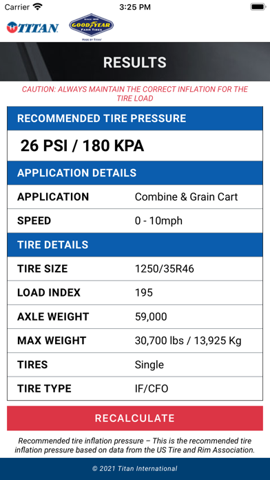 Tire Pressure Calculator Screenshot