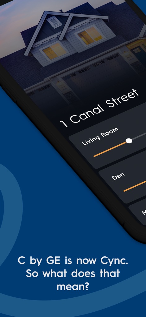 Cync (the new name of C by GE) - この画面は、各部屋（リビングルーム、デンなど）のデバイスを直感的なスライダーでコントロールできる機能と、パーソナライズされた家の背景画像を特徴としています。