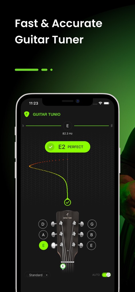 Guitar Tuner - GuitarTunio - Experience exact tuning with the app's real-time frequency display and intuitive 'Perfect' indicator.