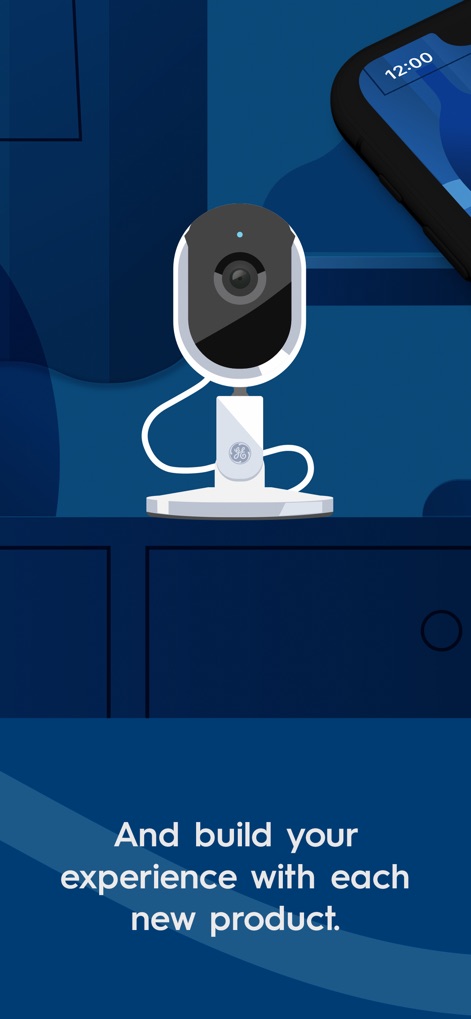 Cync (the new name of C by GE) - 屋内スマートカメラのイラストは、ユーザーが新しいスマートホーム製品を追加して体験を拡張できる可能性と、その統合の容易さを象徴しています。