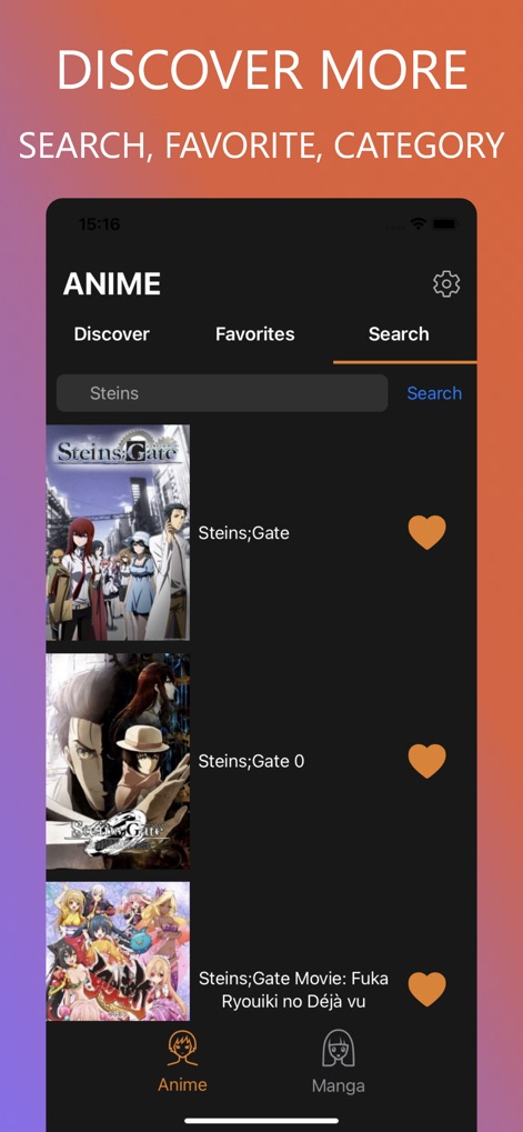 Anime TV ◆ Manga Reader - Esta herramienta ofrece una funcionalidad de búsqueda rápida que muestra resultados relevantes con sus portadas, permitiendo a los usuarios encontrar animes como "Steins;Gate" fácilmente.