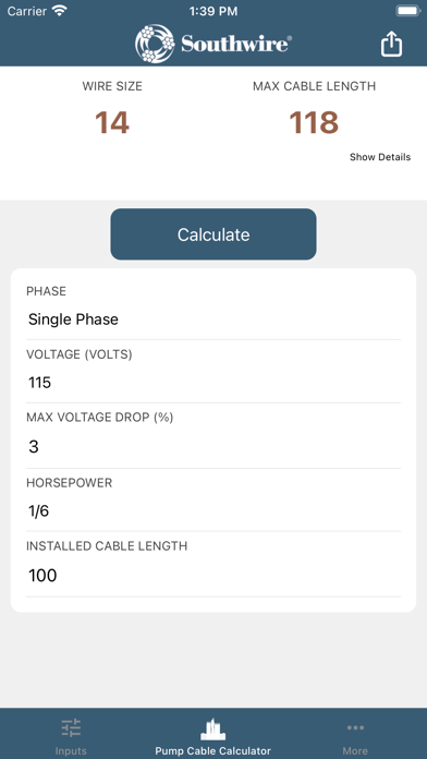 Pump Cable Calculator Screenshot